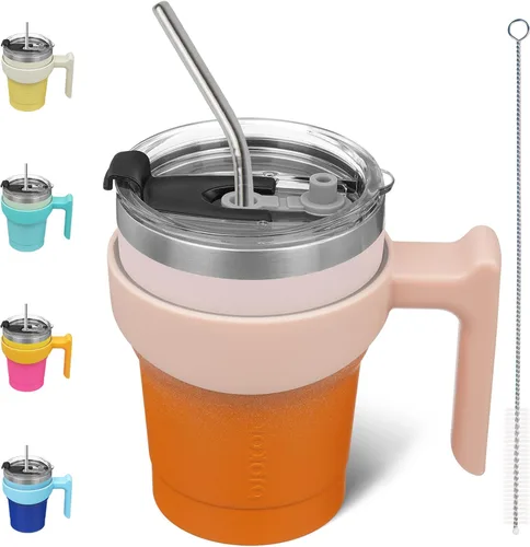 Vista 15 de BJPKPK Mini vaso de 10 onzas con tapa, popote y asa, taza de acero aislada