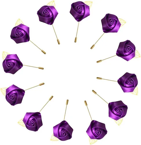 Vista 6 de 12 unids/lote Novio Boutonniere boda seda rosa (1.4 in) flores accesorios Prom Pin hombre traje decoración azul