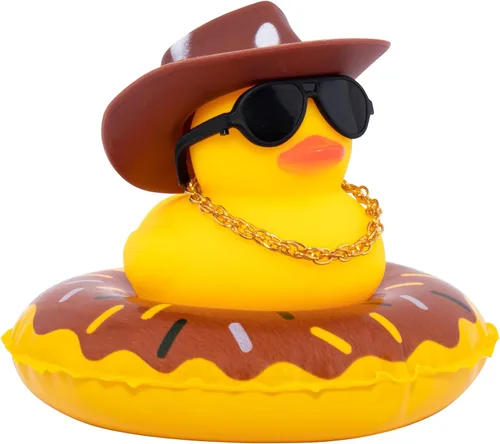 Vista 20 de wonuu Pato de goma para automóvil, decoración de pato amarillo con sombrero para el sol, anillo de natación, collar, gafas de sol para decoración