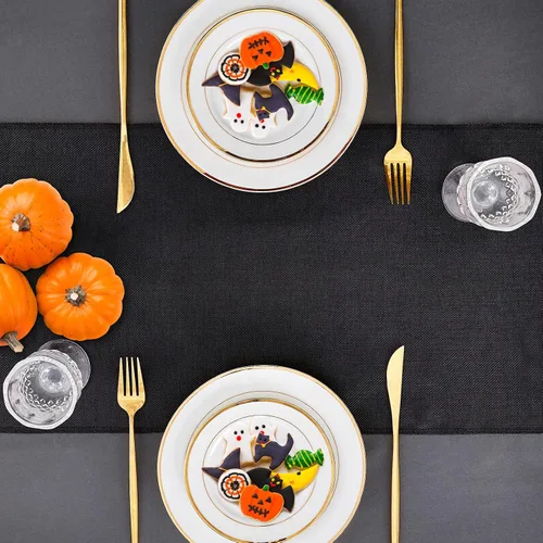Vista 2 de Camino de mesa negro de 12 x 84 pulgadas de largo, tela de arpillera, camino de mesa de Halloween para bodas, fiestas, otoño, decoración de mesa