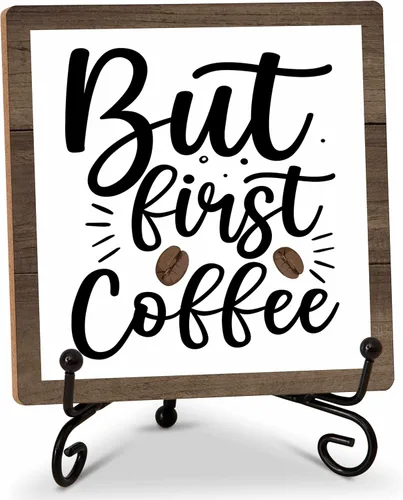 Vista 7 de Letrero de barra de café, letrero de madera de cafecito de 5 x 5 pulgadas con soporte de hierro, perfecto para decoración de mesa de oficina
