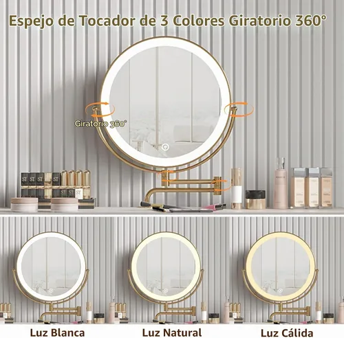 Vista 6 de Juego de escritorio con espejo giratorio de 360° y luces, pequeño tocador de maquillaje con cuero de microfibra, mesa de tocador con 2 cajones Beige