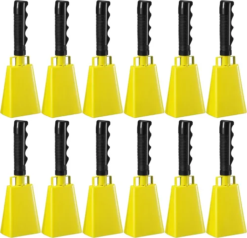 Vista 8 de Pelopy 12 campanas de vaca grandes de 9 pulgadas con mango para eventos deportivos, cencerros de percusión de mano, campanas de campana de animación