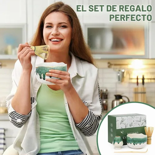 Vista 7 de Pottery Matcha Set – Tazón de té matcha japonés hecho a mano cuenco de esmalte mineral con boquilla, batidor de bambú, cuchara y soporte de Chasen