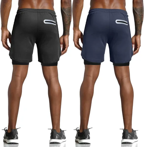 Vista 3 de Leidowei - Pantalones cortos 2en1, ligeros, de 7pulgadas y con bolsillos con cremallera para hombre, para entrenamiento, correr, hacer yoga