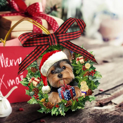 Vista 2 de Talataca Adorno Colgante de Perro Yorkshire Terrier con Sombrero Corona de Yorkie Amante de Perros Adorno Plano 2D de Árbol de Navidad en Madera