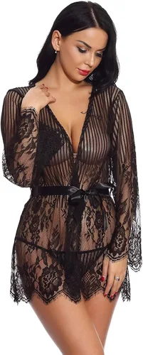 Vista 2 de Lencería para mujer encaje en V con bragas peluche sexy babydoll ropa de dormir profunda talla grande lencería para mujer corsé 5X negro XL