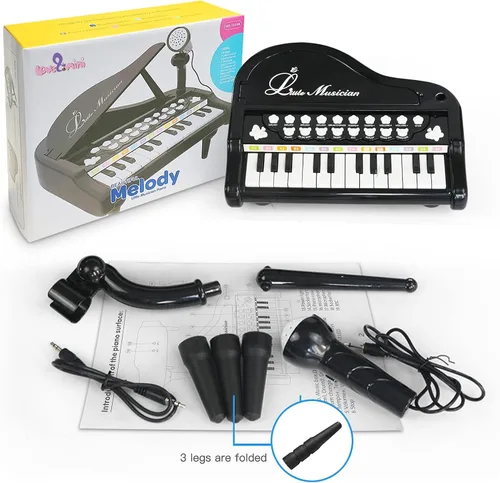 Vista 6 de Piano de juguete de 24 teclas para niños, instrumento musical elctrónico educativo con micrófono Negro