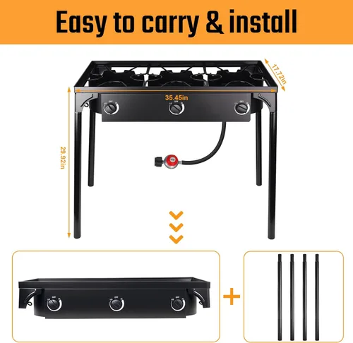Vista 6 de Estufa de gas propano de 3 quemadores, 200,000 BTU para acampar al aire libre con patas extraíbles, regulador y manguera de 0-20 PSI, soporte