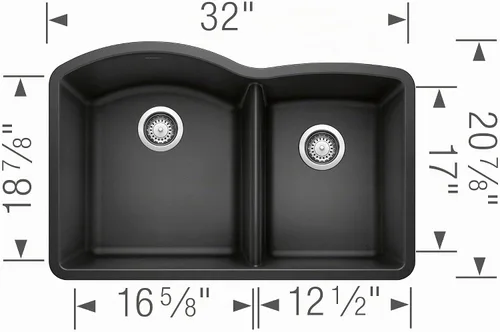Vista 3 de BLANCO, Anthracite 440179 DIAMOND SILGRANIT 60/40 - Fregadero de cocina con doble cuenco con división baja, 32 x 21 pulgadas Antracita