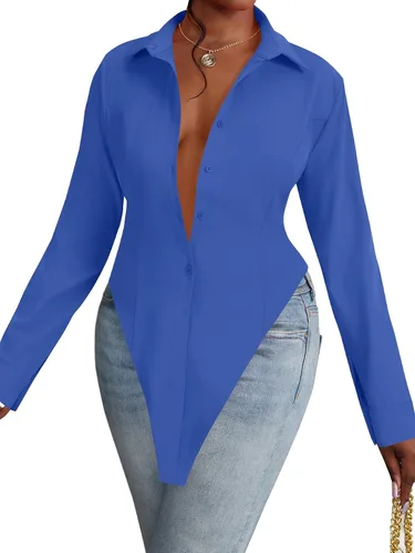 Vista 7 de OPOIPIN Blusa de manga larga con cuello en V para mujer, con botones, dobladillo con abertura