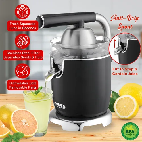 Vista 2 de Brentwood Potente exprimidor eléctrico de cítricos, naranja, limón, lima y pomelo, palanca ergonómica, 2 conos, piezas aptas para lavavajillas Negro