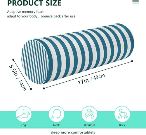 Vista 3 de Cervical Neck Roll, Blue White Stripes Round Pillow Washable Memory Foam Pillow, Bolster Pillow for Improved Sleeping, Travel, Home