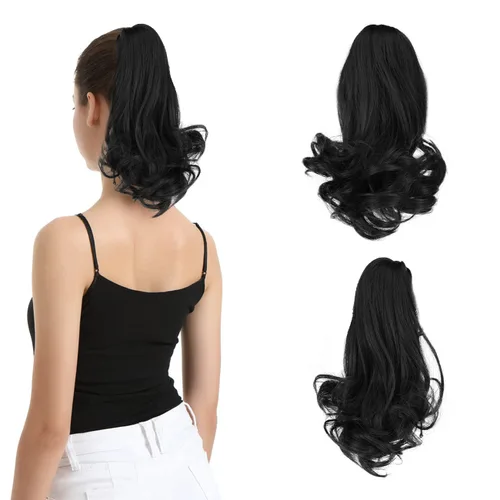 Vista 14 de BARSDAR Extensiones de cola de caballo con clip de garra, extensiones de cabello corto ondulado negro de 14 pulgadas para mujer, extensiones