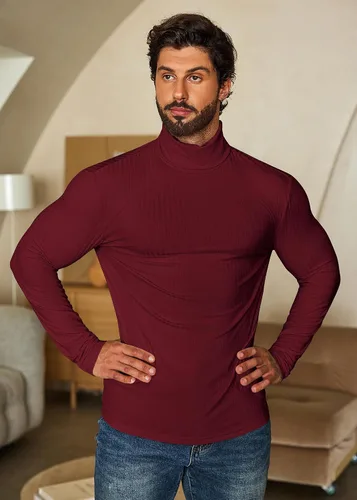 Vista 7 de COOFANDY Suéter de cuello alto para hombre, ajuste delgado, ligero, básico, acanalado