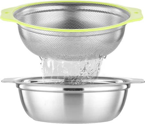 Vista 10 de Colador de acero inoxidable microporoso, colador de arroz de 2QT con tazón para mezclar, juego de tazón para lavar arroz con asa, coladores