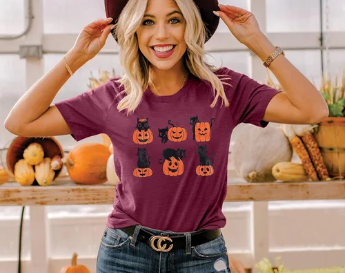 Vista 3 de JINTING Camisas de gato negro para mujer, camiseta de calabaza de Halloween, camiseta gráfica de Halloween, camiseta de manga corta