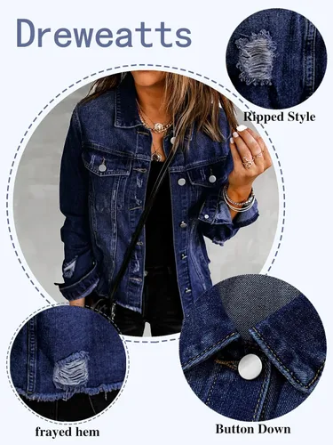 Vista 6 de Chaqueta de mezclilla para mujer, chaqueta de jean desgastada de gran tamaño para mujer, tendencia