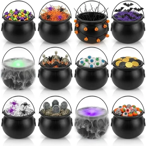 Vista 26 de PMU Caldero de Halloween 6 piezas de 3 pulgadas pequeño de bruja de plástico para caldero negro, para decoración de Halloween