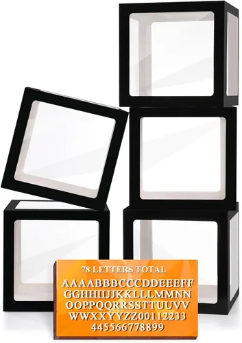 Vista 14 de Ledido - Cajas de globos transparentes con 60 letras y números para nombre personalizado 4 PCS Black Clear Baby Balloon Boxes Blocks Backdrop for