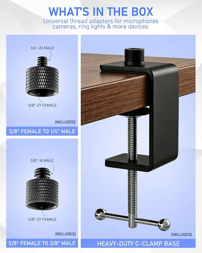 Vista 4 de Abrazadera de micrófono de mesa KB47 – Soporte de abrazadera de metal para micrófono de escritorio resistente con rosca macho 5/8-27 y 3/8-16