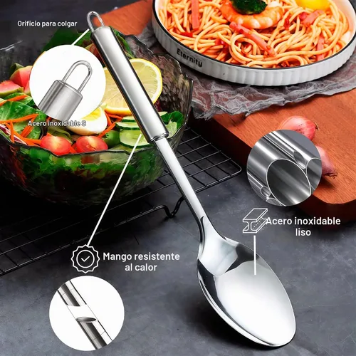 Vista 7 de Juego de 2 cucharas de cocina grandes, cuchara de servir de acero inoxidable y cuchara ranurada para cocinar, cucharas largas resistentes al calor