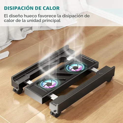 Vista 3 de Soporte ajustable para CPU con ventilador de refrigeración y luz RGB, soporte de CPU móvil con 4 ruedas rodantes, soporte de torre de computadora