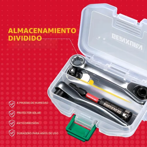 Vista 9 de GEINXURN Juego de 4 Mini Llaves de Trinquete y Soporte para Brocas, Llave de Mango de Trinquete de Accionamiento de 1/4", Llave de Vaso Reversible