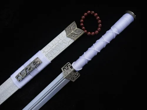 Vista 7 de Espada china, Han jian (hoja de acero al carbono medio, vaina blanca, aleación) longitud 39 pulgadas