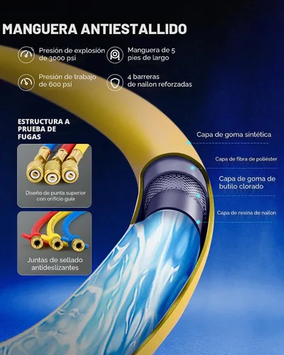 Vista 6 de Orion Motor Tech Medidores de CA, juego de manómetros de CA para refrigerante R134a R12 R502, coche de 3 vías con mangueras de 5 pies acopladores