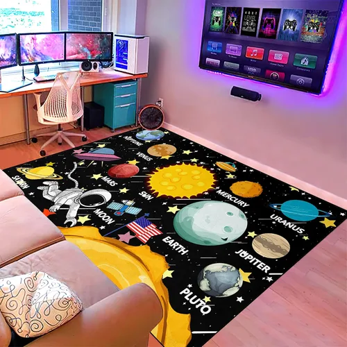 Vista 2 de Alfombras espaciales para dormitorio, alfombra Galaxy para habitación de niños, alfombras para sala de juegos, alfombra del sistema solar, 2 x 3 pies