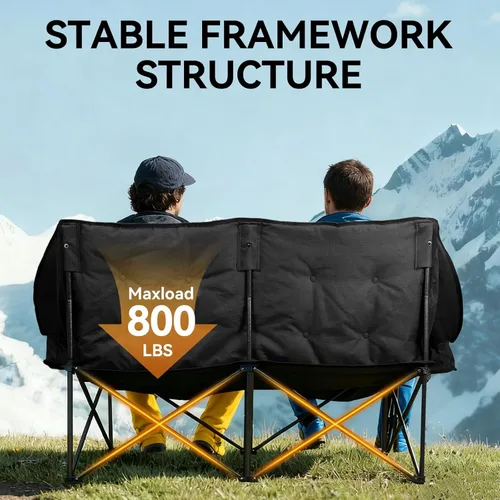 Vista 4 de Huskfirm Silla de campamento doble acolchada, silla de campamento resistente para 2 personas, silla de campamento de gran tamaño con portavasos