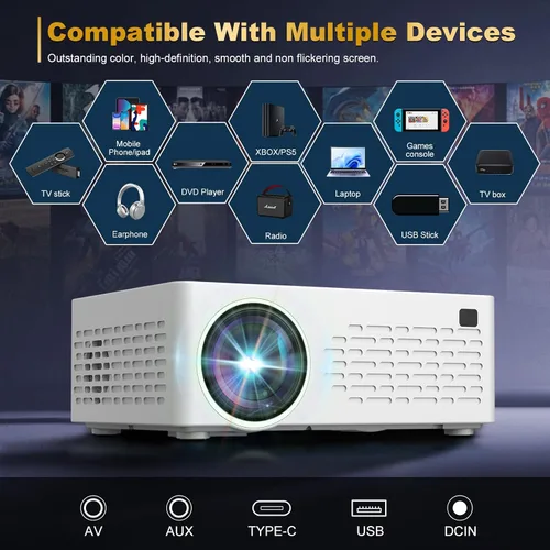 Vista 6 de Soporte inteligente para proyectores 4K, viene con un mini soporte, mini proyector con altavoz estéreo, proyector portátil Full HD, compatible