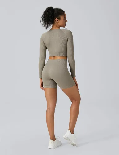 Vista 4 de Buttergene Conjuntos de entrenamiento para mujer, 2 piezas, de manga larga, para yoga, gimnasio, sin costuras, acanalada, con cintura alta, leggings