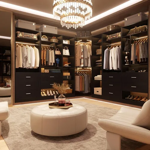 Vista 4 de Besiost Sistema de Armario de Esquina con 12 Estantes, Organizador de Armario de Esquina de 39.2" con 2 Varillas para Colgar, Armarios Walk-in Negro