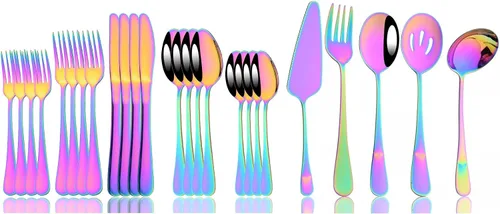 Vista 12 de JASHII Juego de cubiertos de 25 piezas con tenedor y cuchara con utensilios para servir para 4, cubiertos de acero inoxidable de grado alimenticio