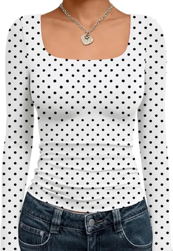 Vista 12 de Trendy Queen - Camisas ombligueras para mujer, manga larga, cuello cuadrado, básicas, para salir, de invierno, Y2K Albaricoque