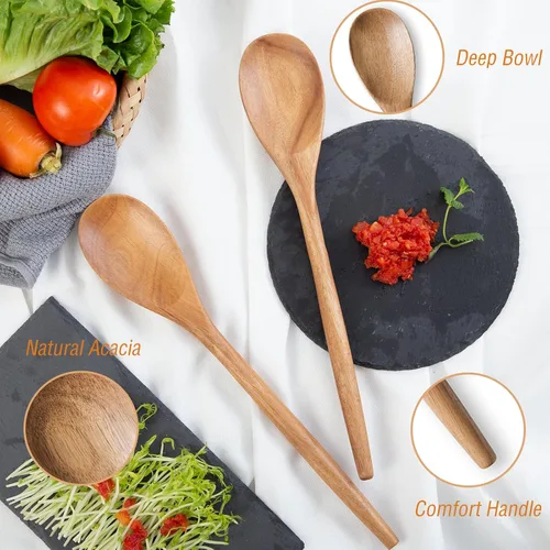 Vista 6 de GinSent 2 cucharas de madera para cocinar, cucharas de madera de 14 pulgadas, cucharas de cocina de agarre cómodo, cuchara de madera, utensilios