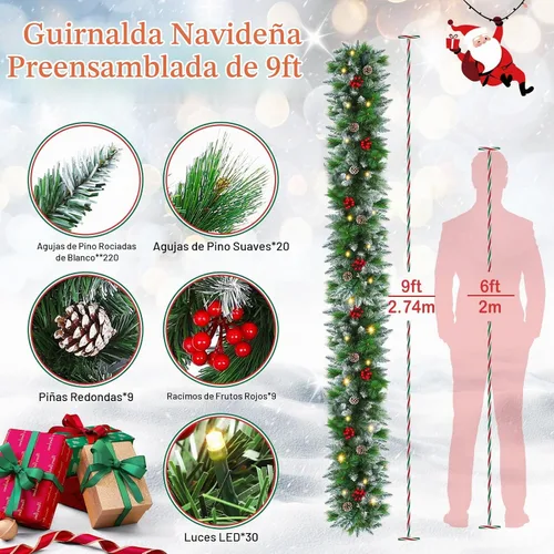 Vista 5 de Guirnalda de Navidad, Guirnalda de Navidad con Luces, Decoración de Navidad, 9 pies/2.7M, para Repisa de Chimenea, Hogar, Escaleras, Chimenea, Verde