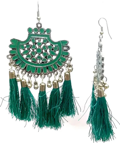 Vista 2 de DESI HAWKER - Pendientes de plata oxidados Bali Jhumki Jhumka joyería Bollywood gota cuelga gancho borlas NI-97