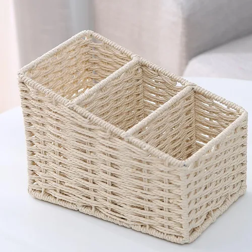 Vista 6 de DOITOOL Caja de almacenamiento trapezoidal de escritorio con 3 compartimentos, impermeable, simulada, tejida a mano, organizador para suministros