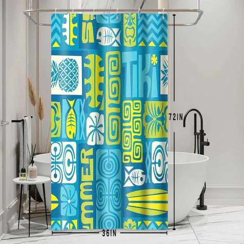Vista 3 de Hawaii - Cortina de ducha exótica Tiki, 36 x 72 pulgadas, cortinas de ducha retro hawaianas étnicas de pez, piña, estilo tribal Tiki Juego