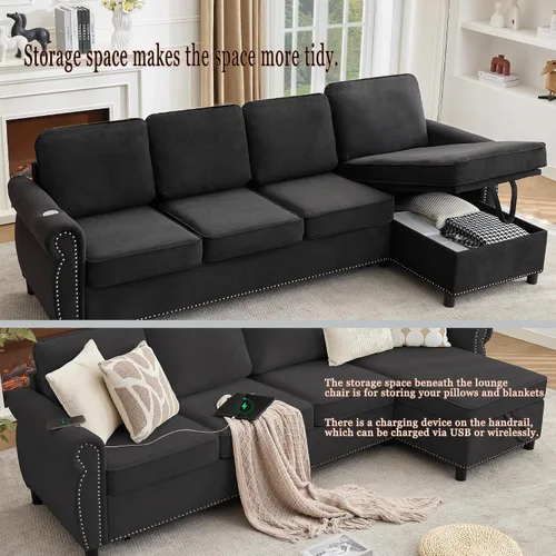 Vista 6 de 106" L Shaped Pull Out Sofa Bed, Modern Modular 4 Seater Storage Couch, 2-in-1 Sleeper Sofa Bed with Reversible Chaise and Wireless&USB Ports