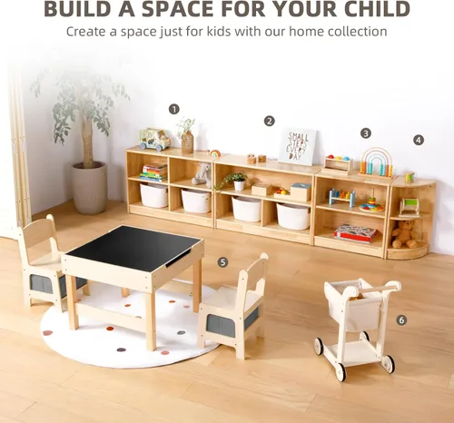 Vista 5 de OOOK Armario esquinero de madera de goma, organizadores y almacenamiento de juguetes de 2 niveles, estante Montessori para habitación de niños, sala