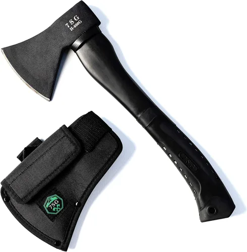 Vista 8 de Hacha de camping con vaina de cuero – Tomahawk de supervivencia compacta de 13" con tang completo y mango de madera para senderismo, supervivencia