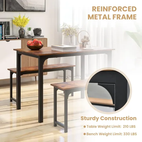 Vista 6 de LDAILY Moccha - Juego de mesa de comedor para 4, mesa de cocina con bancos, juego de comedor de madera de 43 pulgadas que ahorra espacio con marco