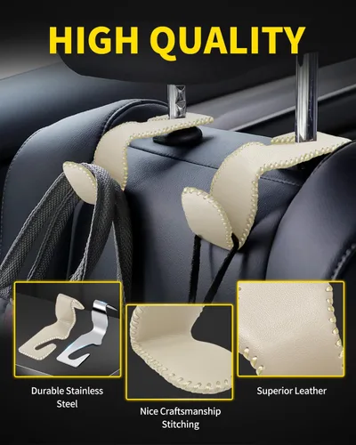 Vista 2 de Paquete de 4 ganchos superiores de cuero para reposacabezas de asiento de automóvil con capacidad de carga de 44 libras, colgadores organizador
