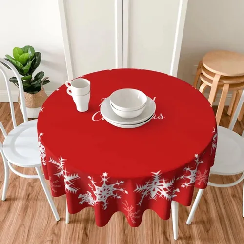 Vista 6 de Mantel redondo de Navidad con diseño de copos de nieve de Navidad para cocina, comedor, decoración de mesa de poliéster lavable para mesa de bufé