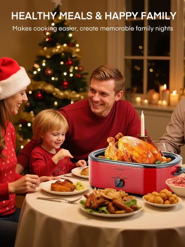 Vista 9 de FOHERE Horno asador eléctrico de 26 cuartos de galón con tapa visible y autofundante, tostador grande de pavo con función de descongelación y calor