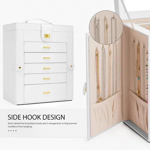 Vista 5 de AKOZLIN Joyero grande organizador funcional con cerradura con espejo grande, estuche de almacenamiento de joyas de cuero para mujeres y niñas
